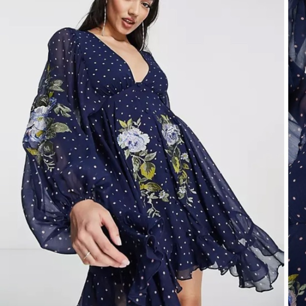 ASOS NWT Open back blue button up polka dot floral dress